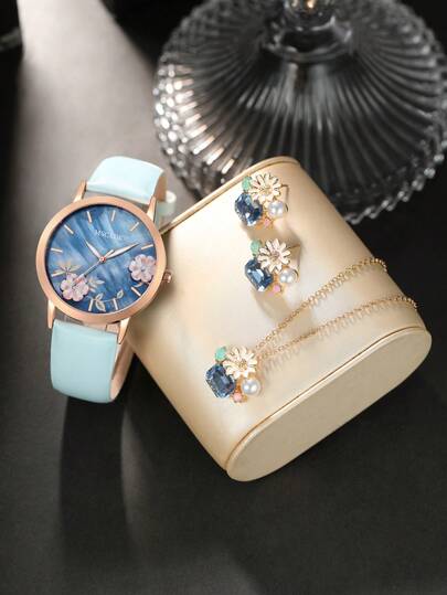 Women's Watch Set, Fashionable Classic Bracelet Watch, Square Dial, Elegant Square Dial Classic Luxury Quartz Watch, Retro Quartz Watch, Includes Necklace, Earrings And Ring, Suitable For Daily Wear, Birthday, Women's Gift, Anniversary, Thanksgiving, Year-End, Cyber Monday, Halloween And Other Holiday Gifts, Suitable For Daily Wear And Gifting (Watch Box Not Included)