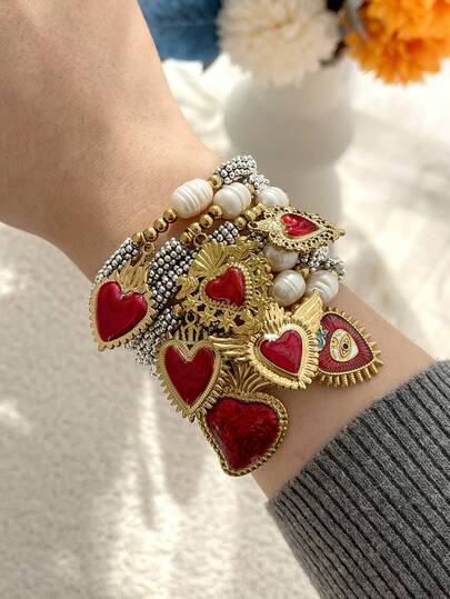1 pieza Pulsera asimétrica en forma de corazón de acero de titanio con perla cultivada, elegante y lujosa, regalo de joyería para el Día de la Madre, San Valentín, uso diario, fiestas, citas y festivales, joyería roja