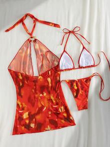 PEPPERMOLLY 2026 热带印花露背比基尼两件套，采用深V领设计，时尚金属装饰，可调节腰带，时尚前卫的泳装，是海滩度假和泳池派对的完美之选，独特的二合一设计，是夏季女性必备的时尚泳装。 - 紅色 - 查看 11