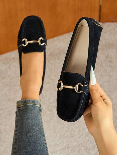 新款黑色搭扣平底休闲鞋，百搭时尚女式乐福鞋，室内外穿着舒适