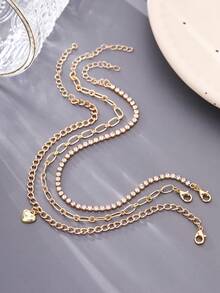 Nooxian 3件套脚链：金色链条配小吊坠 + 多层简约休闲金色链条，层叠闪亮锆石心形吊坠，多层脚链首饰，女士礼物（链条环数量随机） - 金黃色 - 查看 4