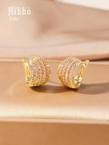 Hihho 1 Pair Fashion Vintage Multilayer Line Zirconia Inlay Hollow Out Stud Earrings, Gold And Silver Color Available, Suitable For Gift, Daily Wear And Party - Earrings - View 22