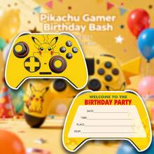 宝可梦游戏手柄主题派对邀请函，皮卡丘游戏手柄生日派对邀请卡，生日主题游戏手柄邀请卡，皮卡丘生日邀请函，贺卡 - 彩色 - 查看 1