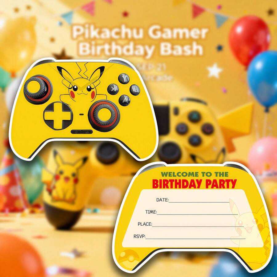 宝可梦游戏手柄主题派对邀请函，皮卡丘游戏手柄生日派对邀请卡，生日主题游戏手柄邀请卡，皮卡丘生日邀请函，贺卡 - 彩色 - 查看 1