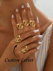 Personalized Ring, Customized Letter Heart-Shaped Ring, Fashionable Flower Hollowed Out English Letter Opening Ring, Women's Versatile Ring, Unique Customized Gift - Gold - View 2