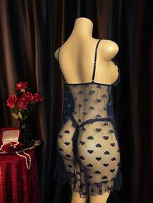 2pcs Women's Heart Mesh Sheer Crotchless Sexy Lingerie Set, Ruffled Hem Semi-See-Through Sleepwear Nightwear, Tempting Intimate Outfit - Black - View 4