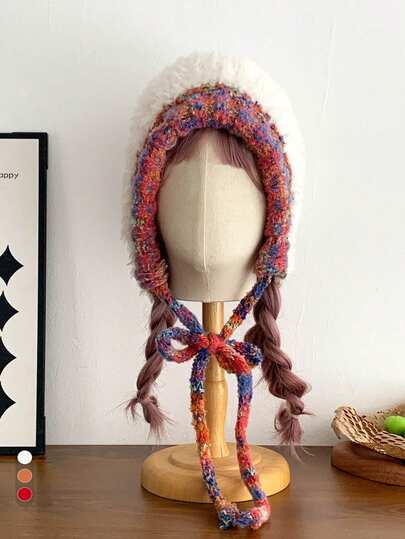 1顶可爱多彩猫耳针织帽，女士纯色女巫帽，保暖护耳毛球编织飞行员帽，多功能手工针织渔夫帽，带系带