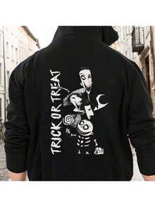 Men's Comfortable Fit Print Long Sleeve Casual Hooded Sweatshirt,Crew Neck Short Sleeve 1pc Men'S Casual Cotton Hoodie With Geometric Applique - Nightmare Before Christmas Trick Or Treat Design, Slight Stretch Knit Fabric, Regular Fit Hooded Sweathoodie,Cotton-Polyester Blend (Polyester 60%, Cotton 40%)-Cotton Olyester Blend Tailoring Suitable Suitable For Men And Women Suitable For Autumn And Winter Ornamental - 黑色 - 查看 15