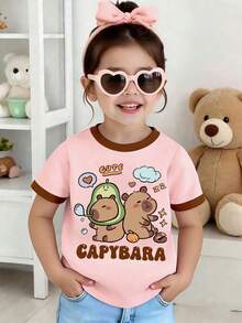 Young Girl Casual Cartoon Print Short Sleeve T-Shirt, Summer - Pink - View 9