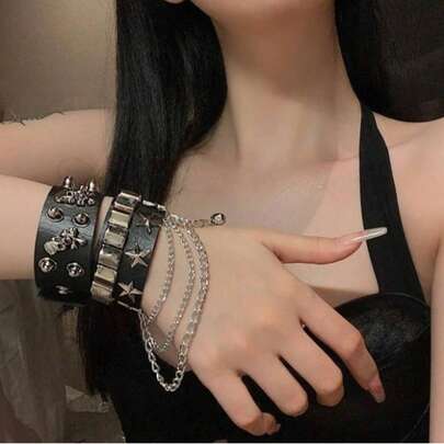 1/2/3pcs Punk Rock Rivet Skull Star Bracelet Set, Spiked Rivet Cuff Bracelet, PU Leather Sleeve Motorcycle Chain Bracelet, Unisex 80s 90s Wristband, Chain Bracelet, Black Gothic Steampunk Style, Adjustable, Fashionable Retro Accessory, Halloween Party Gift