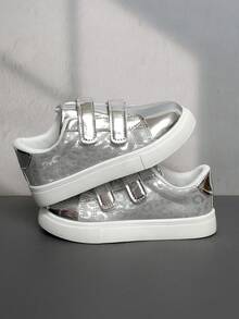 1 Pair Girls' Lace-Up Design Breathable Comfortable Canvas Sneakers, Suitable For Back To School, Student Shoes, Spring/Autumn - Silver - View 7