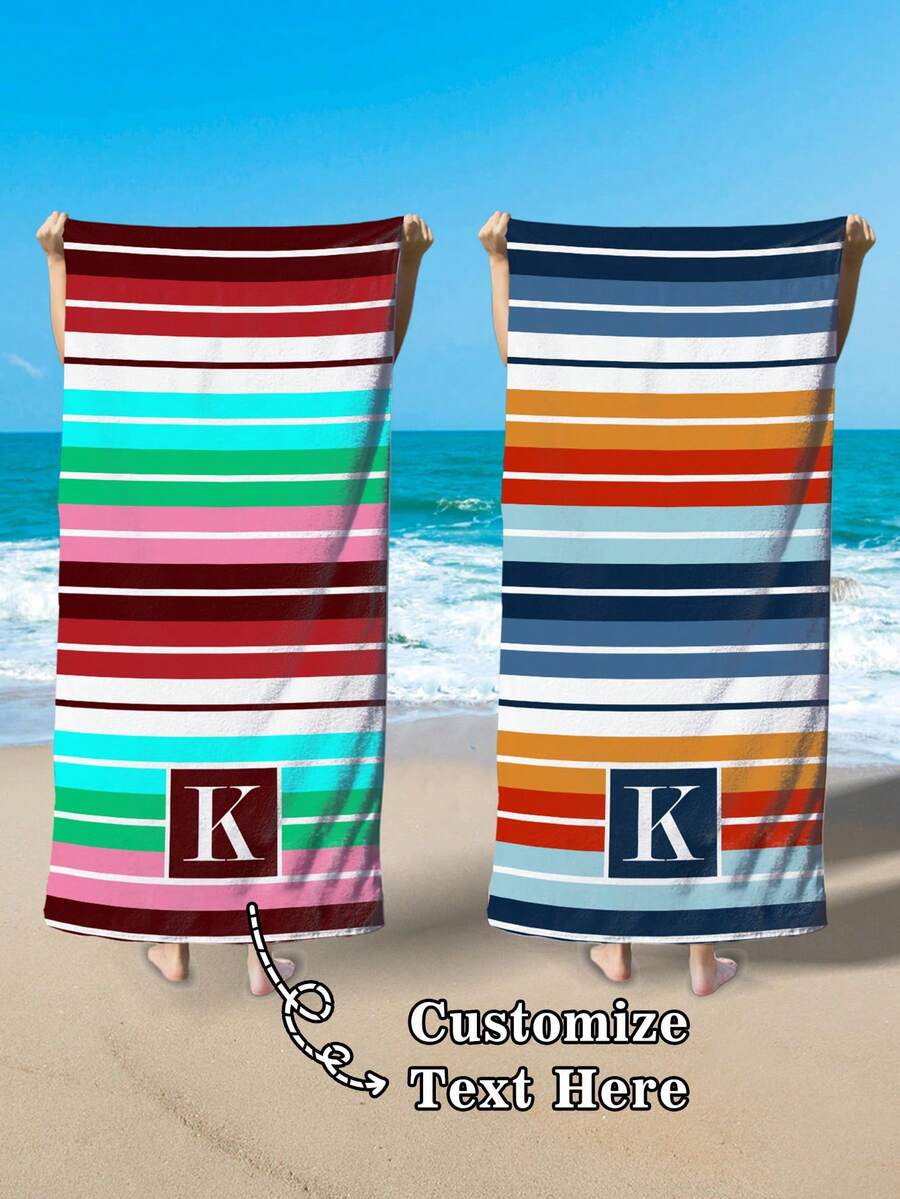 1pc Multi-Color Striped Beach Towel - Super Soft, Quick Dry, Personalized For Swimming Pool, Travel, Yoga, Camping And Fitness - Perfect Gift For Men And Women - Customizable Initial, Soft And Comfortable Beach And Travel Accessory.