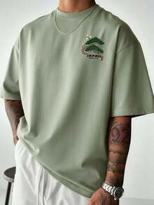 Men's Casual Versatile Simple Japanese Crane Print Short Sleeve T-Shirtgraphic Tee  Shirts - Hijau - View 2