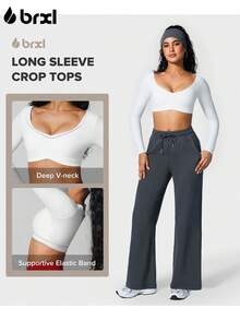 BRXL Long Sleeve Crop Tops For Women Built In Bra Padded Yoga Shirts Deep V Neck Buttery Soft Slim Fit Workout Pilates Gym - 白色 - 查看 4