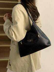 Women's Black Woven Texture Hobo Bag - Stylish Gold-Tone Buckle Detail, Single Shoulder Strap, Spacious Capacity, Elegant Minimalist Design For Daily & Office Use.