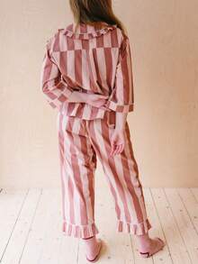 Women Striped 2 Piece Pajama Set Long Sleeve Button Down Shirt Christmas Pants Pj Sets Holiday Sleepwear - Đỏ - Xem 2
