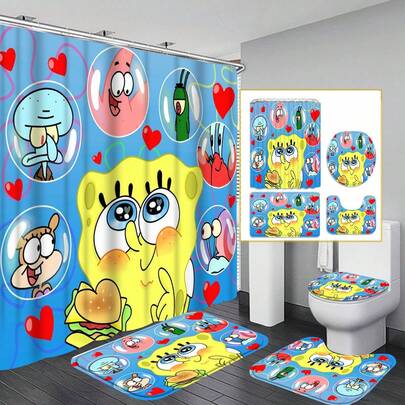 1 Set SpongeBob Cartoon Pattern Shower Curtain Set, Includes 12 Hooks, 180*180cm Waterproof Shower Curtain, Non-Slip Mat, U-Shaped Toilet Lid Cover, Suitable For Room, Bedroom, Home, Bathroom Decor And Accessories, Also Great For Holiday Gifts.
