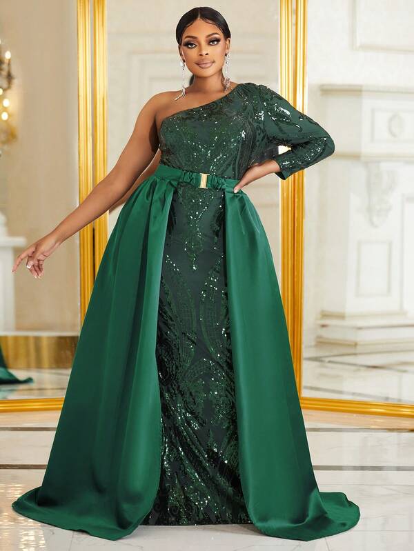 YISIKADO Women Plus Size Sequin Asymmetrical Neck Long Sleeve Maxi Formal Dress With Flared Hem And Belted Detail