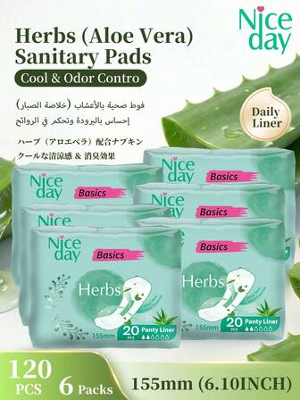  Niceday 155 mm ultratunna trosskydd med örtminta (120 st/6-pack), Aloe Vera-bindor, Aloe Vera-mensskydd, Innehåller Aloe Vera-ingredienser, Borttagning av intim lukt, Kylande och kliar inte för intima kläder, Ultratunna andningsbara mensskydd, Ultraandningsbara trosskydd för underkläder