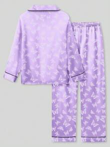 2pcs Tween Girl Purple Butterfly Print Long Sleeve Pajama Set - Multicolor - View 7