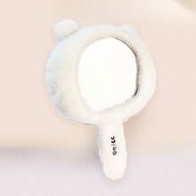 Miniso 1个柔软蓬松刺绣表情手持化妆镜，便携式小巧化妆镜，适合日常使用 - 白色 - 查看 2