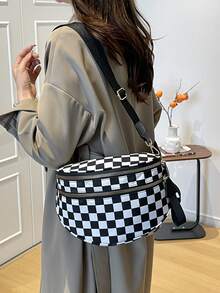 1个时尚双拉链腰包，女士仿皮斜挎包，带宽肩带 - 黑與白 - 查看 4