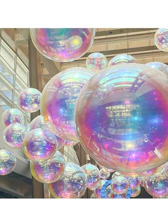 5 piezas/paquete Globos de papel de aluminio de colores - Globos de papel de aluminio inflables con espejo redondo de 12 pulgadas 4D, adecuados para decoración de bodas, aniversarios, cumpleaños, fiestas de discoteca, decoración de fiesta de sirena arcoíris plegable