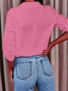 Plus Size Women Solid Color Button Decor Long Sleeve Casual Shirt Tops - Pink - View 2