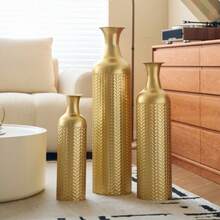 Set Of 3 Large Gold Floor Vases - Decorative Floor Vases With Textured Pattern (50/66/83 Cm) Tall Metal Planters, Decorative Vases For Living Room And Hallway In Vintage Design - Gold - View 5