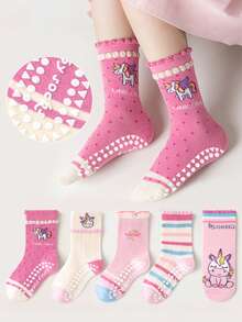 5 Pairs Kids Anti-Slip Rainbow Unicorn Pattern Dotted Floor Socks, Toddler Baby Soft Bottom Indoor Crew Socks With Lace Trim, Suitable For Casual Daily Wear - Multicolor - View 10
