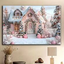 1pc 2D Flat Cheap Wooden Framed Canvas Painting, Pink Christmas Cabin Background Cloth, Cozy Christmas Cabin, Winter Tree And Gift Box Design Photography, Suitable For Party Decoration, Birthday Celebration, Wall Decoration Art Crafts, Room Decoration Aesthetics, Perfect For Room Decor Ready To Hang - 白色 - 查看 2