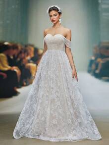 Anpoket New Arrival Off Shoulder Delicate Wedding Dress Embroidery A-Line Dress - White - View 4