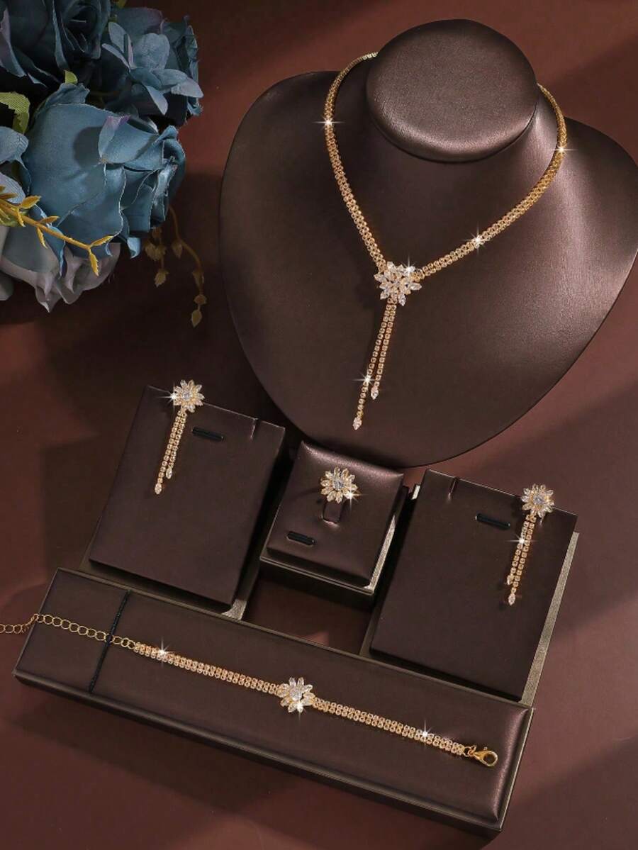Wedding Jewelry Set For The Bride, Suitable For Women: Necklace, Earrings, Bracelet, Women's Jewelry Set. Retro Floral Crystal Earrings, Necklace, Glittery Diamond-Encrusted Necklace, Ear Pendants, Bohemian Crystal Floral Collar, Bridesmaid Accessories, Formal Attire For Formal Events And Parties. - Gold - View 1