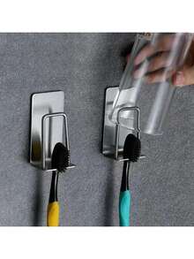2pcs Toothbrush & Cup Holder - Can Hold Toothbrush & Cup Simultaneously, Bathroom Hook - For Razor, Bath Sponge, Brush, Toothbrush Holder, Rinse Cup Holder, Bathroom Simple Stainless Steel No Drilling Toothbrush Stand, Toothbrush Hook, Toothbrush Rack, Wall Mounted Rinse Cup & Toothbrush Holder - Multicolor - View 6