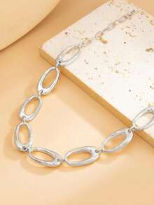 1件几何镂空拼接金属椭圆链项链，时尚街头风锁骨项链配饰，适合派对、送礼、日常佩戴和工作场合。 - 銀色 - 查看 2