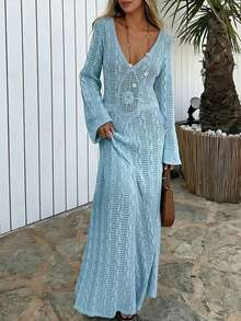 Women's Blue Knitted Semi-Sheer Midi Sweater Dress, Long Sleeve, Suitable For Vacation - Blue - View 2