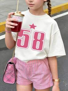 Tween Girls' Casual Numeric Print Short Sleeve T-Shirt, Summer - White - View 1