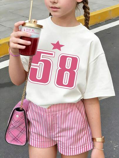 少女休闲数字印花短袖T恤，夏季