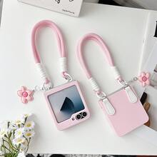 Korean Style Cute Pink Phone Case With Flower Pendant And Anti-Loss Lanyard, Compatible With Samsung Galaxy ZFlip7, Flip8, Z Flip6, ZFlip 5, Shockproof Back Cover, Also Compatible With Motorola And Flip Phones - Pink - View 9