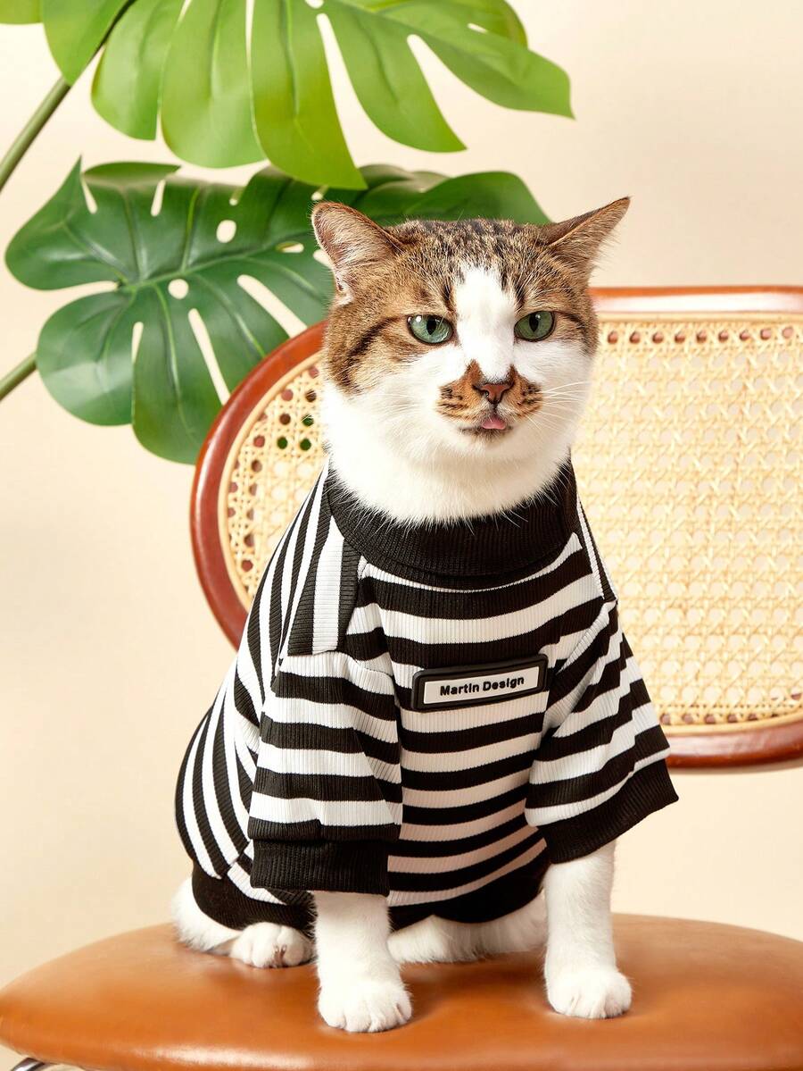 PETSIN 1 件狗狗衣服，条纹高领毛衣，适合雪纳瑞、泰迪、贵宾犬等小型犬，弹性透气宠物秋冬装 - 黑與白 - 查看 1