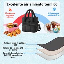 Bolsa para almuerzo para mujer, fiambrera térmica de doble capa, hermética, duradera y reutilizable, gran nevera portátil para el trabajo, picnics, viajes y preparación de comidas. - Negro - Ver 6