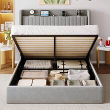 Allewie Full/Quenn/King Size Upholstered Bed Frame With Charging Station & Storage Headboard, Soft Velvet Wingback Platform Bed, Strong Wooden Slats Support, No Box Spring Needed, Easy Assembly, Grey - 查看 7
