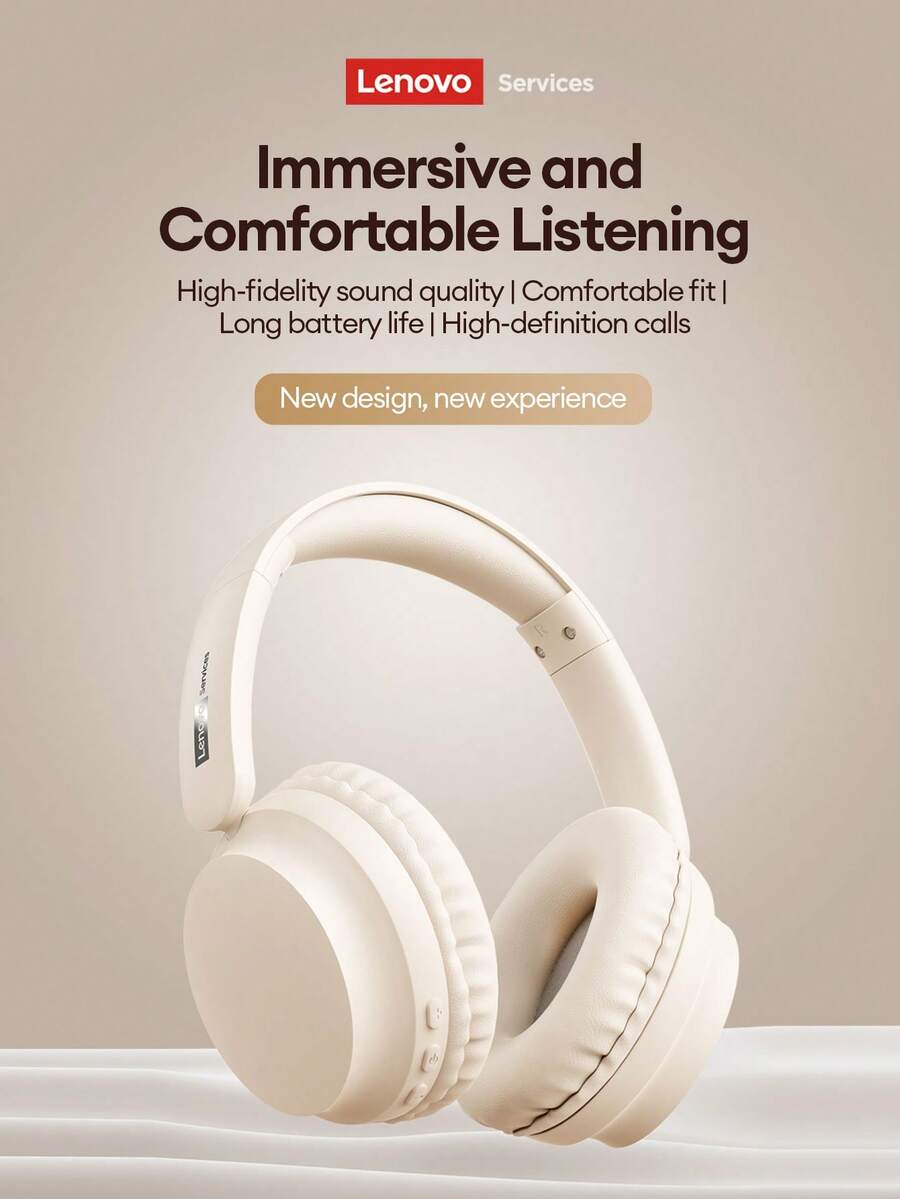 Lenovo 联想LS108蓝牙耳机，头戴式耳机，适合日常音乐聆听，配备大尺寸动圈单元，音质出色，支持ENC降噪，通话清晰，延迟低，续航时间长，佩戴舒适，适合运动和跑步，兼容智能手机和电脑。 - 米色 - 查看 1