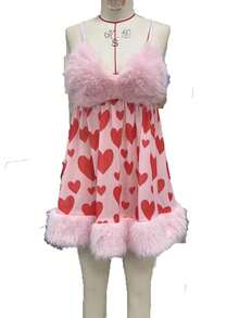 Women Spaghetti Strap Heart Mini Dress Y2K Sleeveless Faux Fur Fuzzy Trim Flowy Dress Cute Holiday Party Dresses - 粉色 - 查看 7