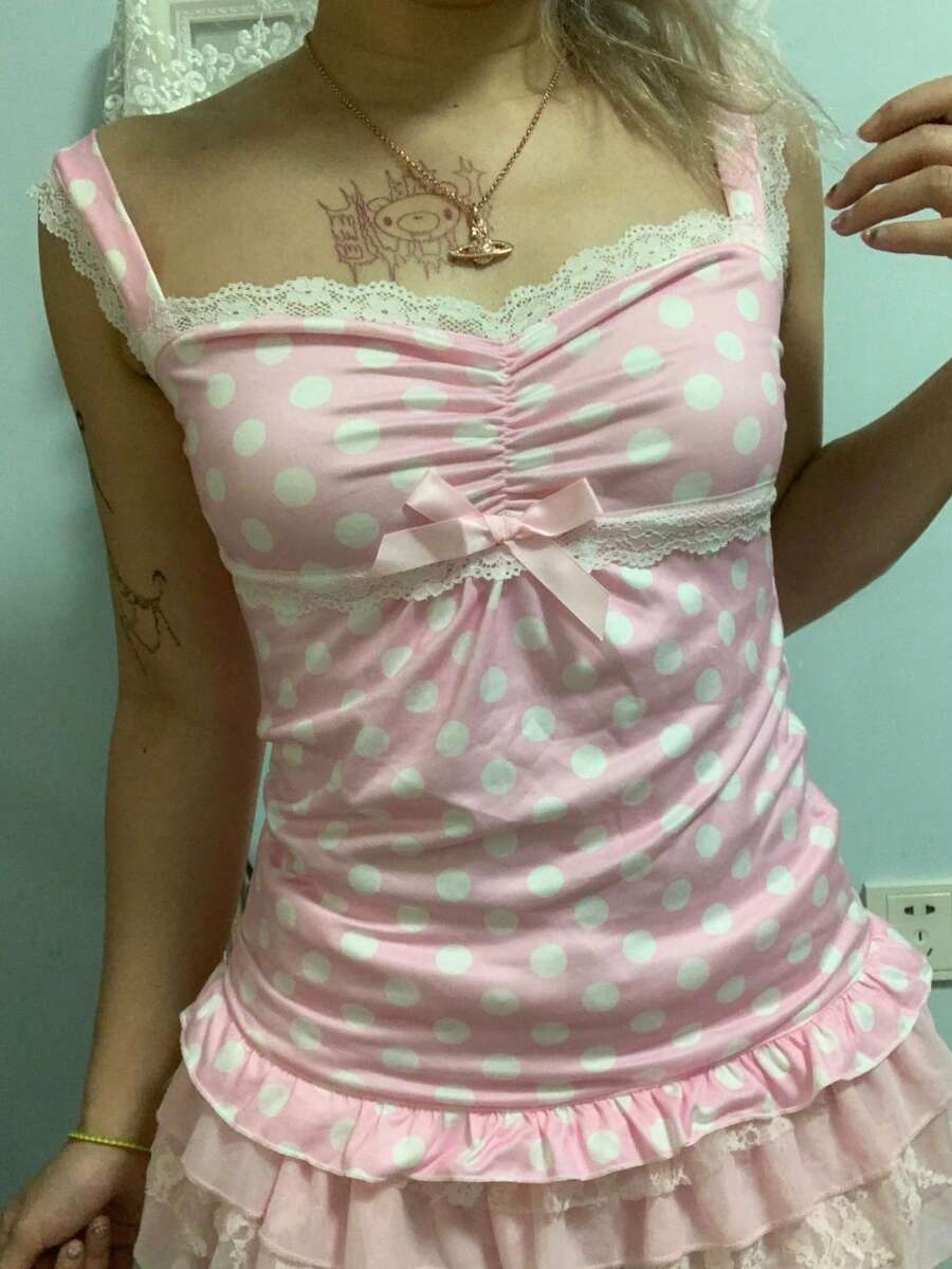 Women Y2k Fairy Grunge Lace Trim Cami Tank Top Lacey Cutecore Camisole Tops Coquette Aesthetic Baby Doll T-Shirts 2000s Teens Girl Fairycore Vintage Clothes - 粉色 - 查看 1