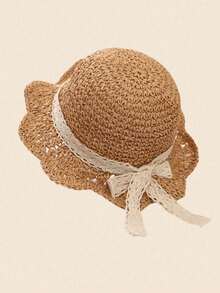 1顶儿童草编遮阳帽，适合1-2岁幼儿 - 透气编织扇形帽檐，带蕾丝蝴蝶结，甜美夏季沙滩/度假防晒帽 - 1PC - 查看 2