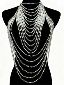 1pc Women's White Faux Pearl Body Chain, Fashion Accessory For Wedding, Party, Runway - White - View 6