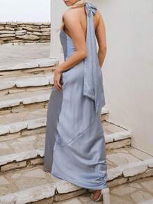 Women Y2k Satin Maxi Dress Elegant  Mock Neck Halter Dress Sleeveless Open Back Extra Length Cocktail Dress Wedding Guest Dress Graduation Long Dress Birthday Party Dress - Màu xanh lam - Xem 3