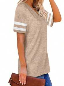 大码V领条纹休闲T恤衫 夏季 - 卡其色 - 查看 3