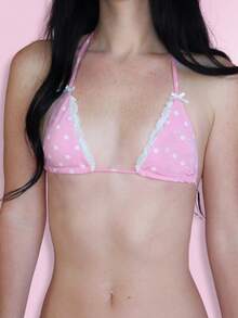 Women's 2 Piece Polka Dots Bathing Suit Halter Triangle Tie Side Bikini Swimsuit Y2K Bathing Suits Swimwear - 粉色 - 查看 2